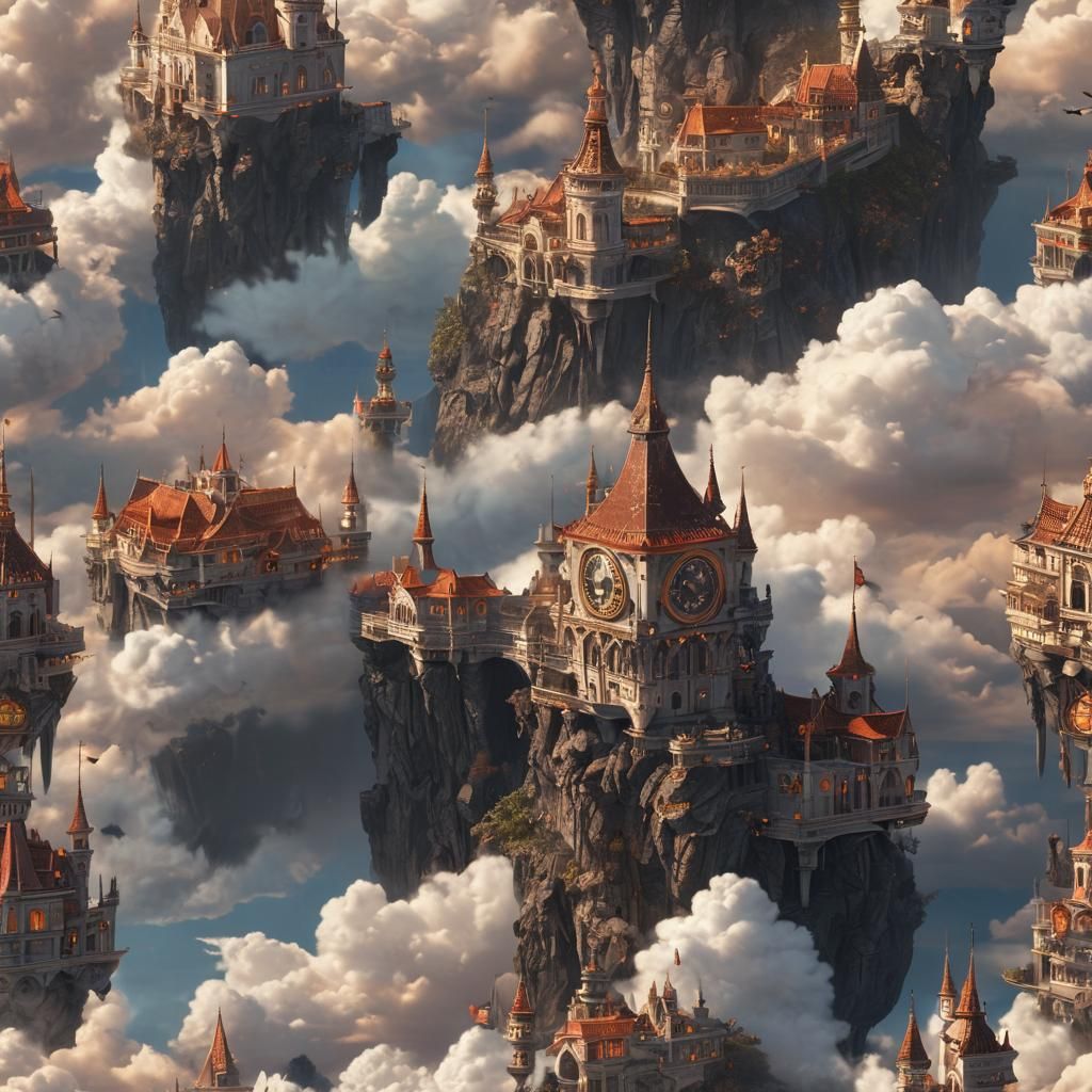Flying Castle Above Clouds in Fantasy Art Style