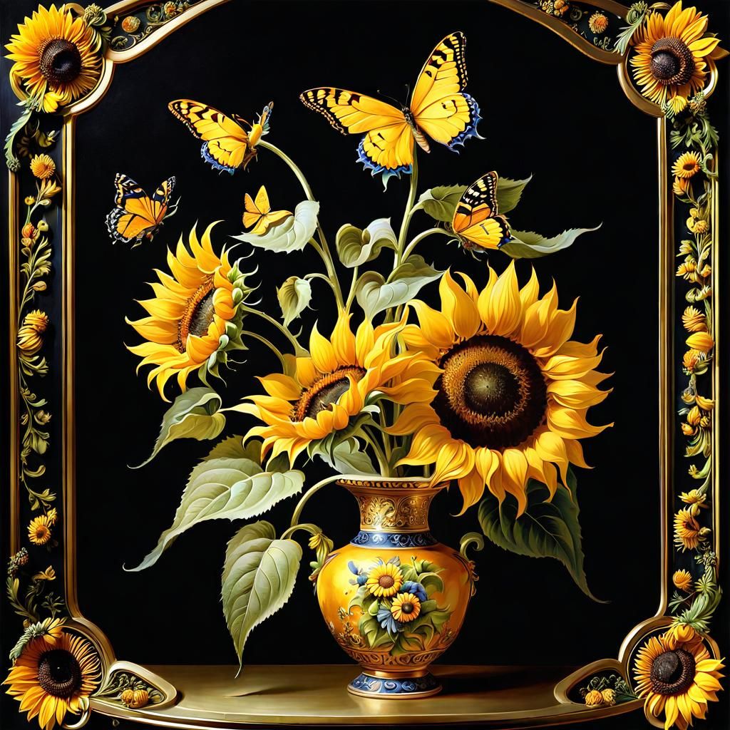 Still Life with Sunflowers and Yellow Butterfly by Abraham M...