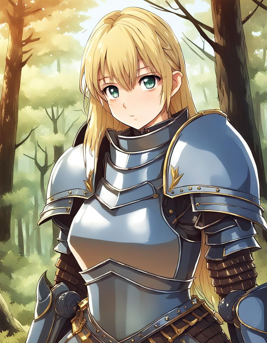 Armored Blonde Knight in Anime Style Forest