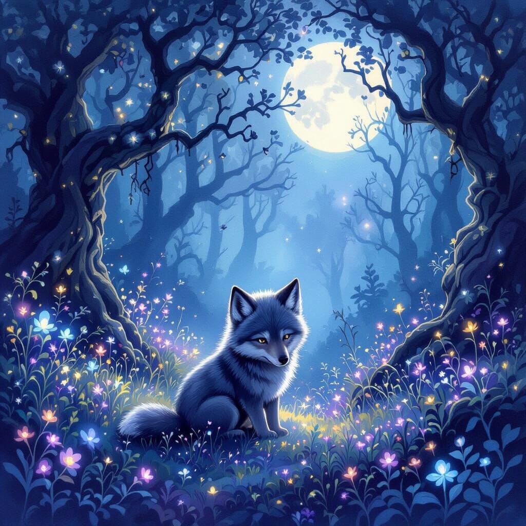 Sad Baby Wolf Lost in Ethereal Moonlight Forest