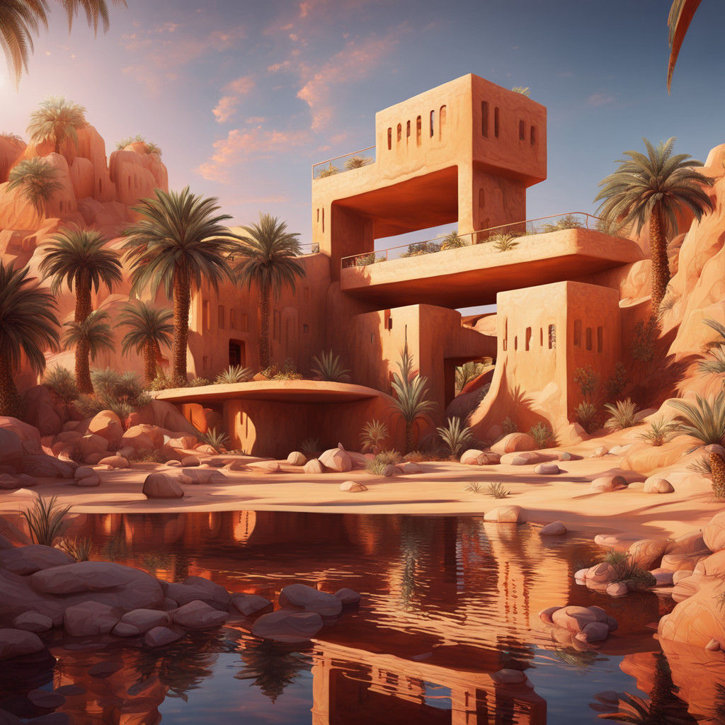 Surreal Adobe Dreamscapes in Lush Desert Oasis