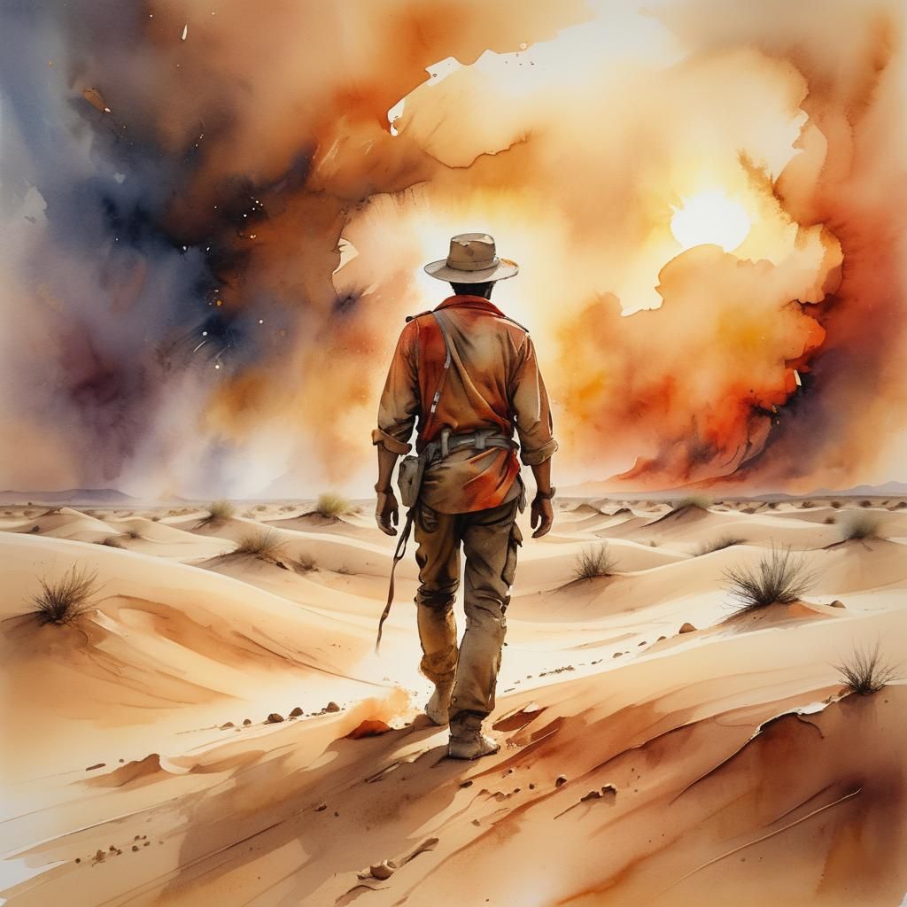 Archaeologist Walks into Desert Storm as Watercolor