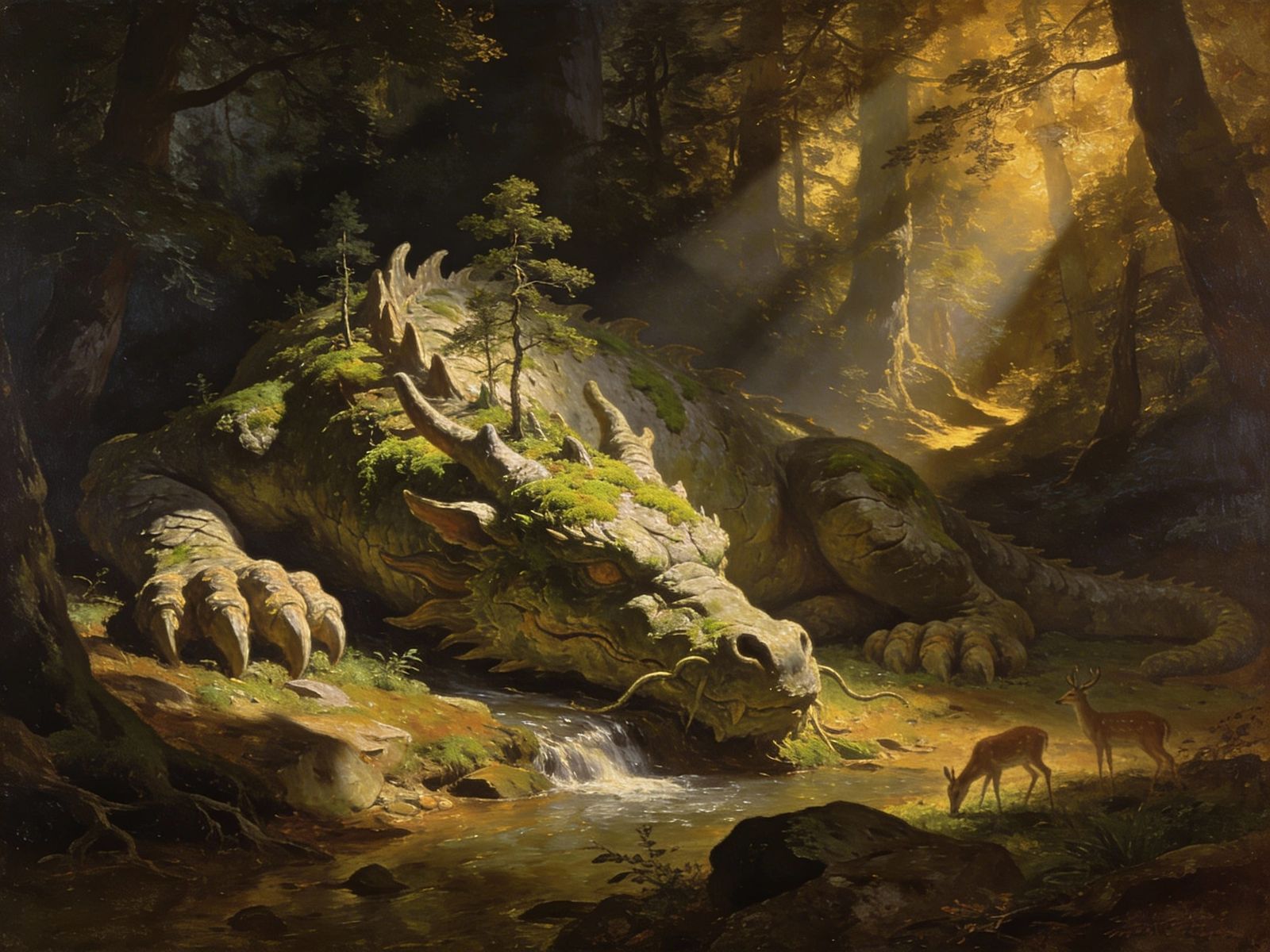 Ancient Stone Dragon in Baroque Oil Painting Style