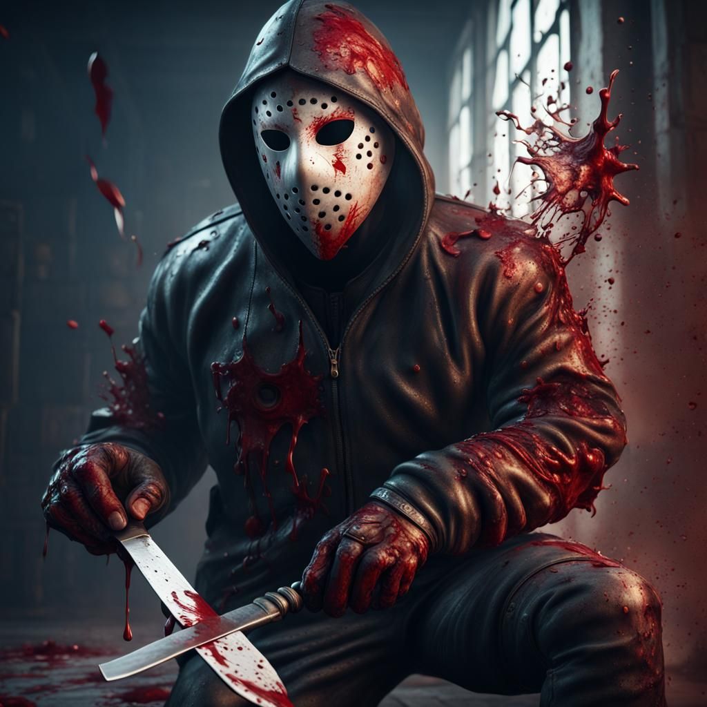 Hockey Masked Man with Knife: Detailed Matte Painting