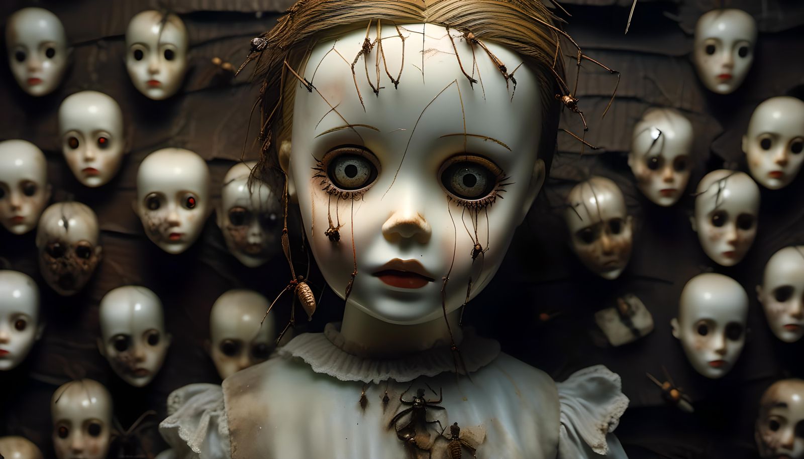 Horror Doll with Decaying Wall Background