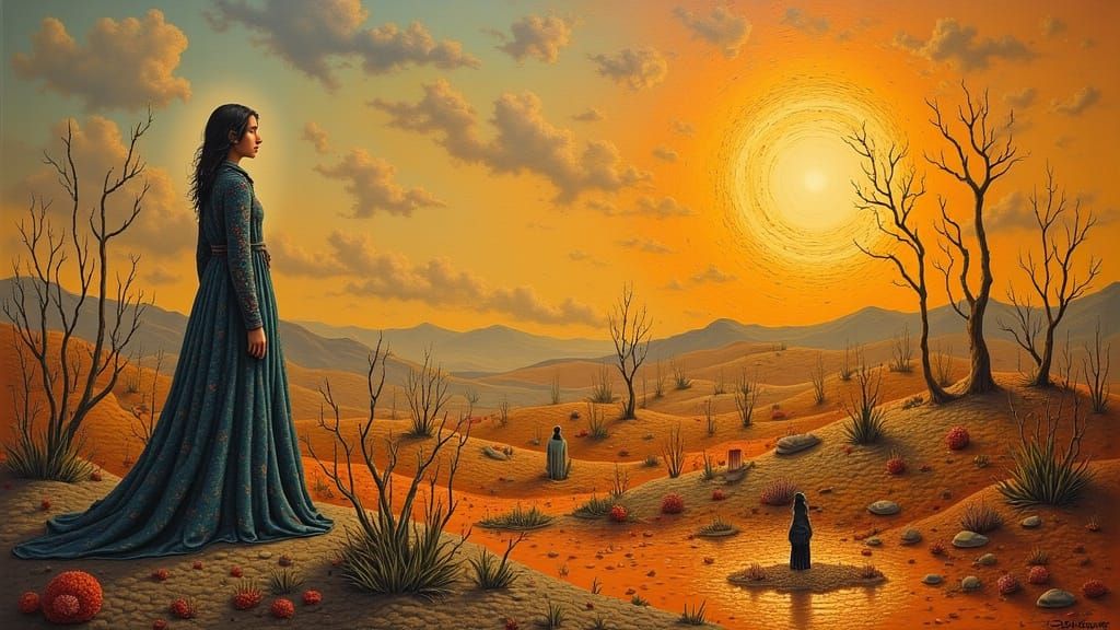 Figure Contemplating Dystopian Landscape in Surrealist Style