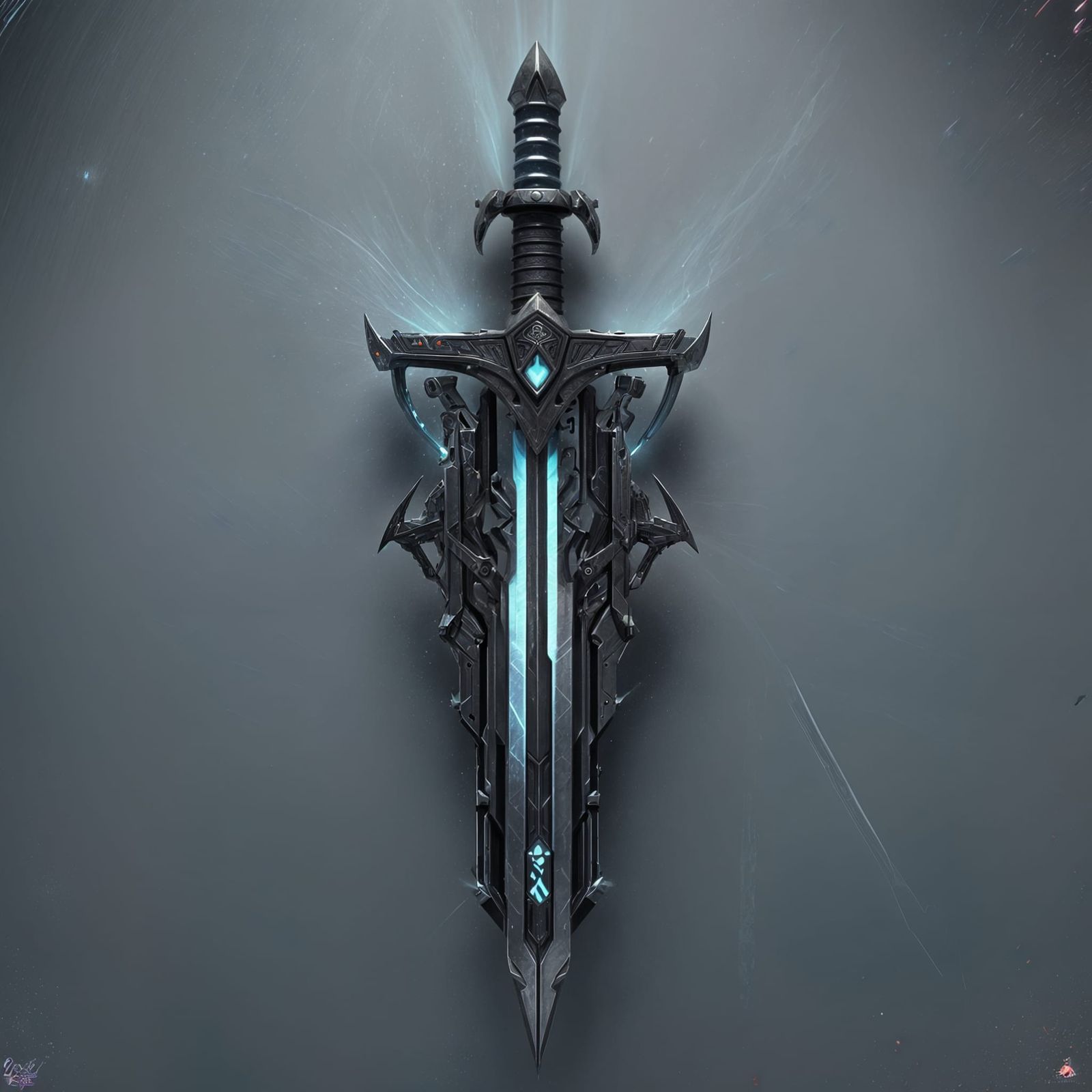 A cyberpunk Excalibur, sword floating in the void, detailed metalwork, glowing with white light, background of cyberspac...