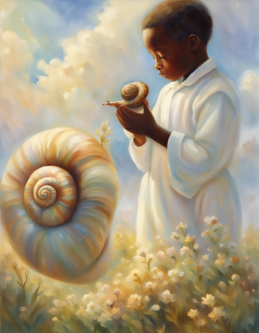 Boy with Snail in Impressionistic Heavenlyscape
