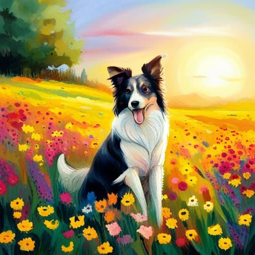 Dog Runs Through Sunny Flower Meadow: Matte Painting