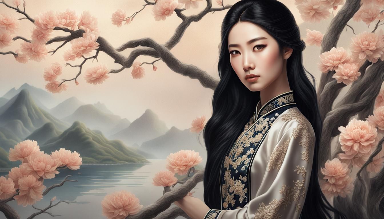 Stunning Asian Woman in Silk Dress: Photorealistic Portrait