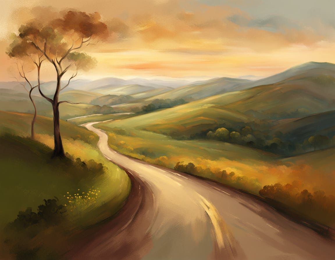 Winding Road Disappearing into Horizon with Golden Hour Glow