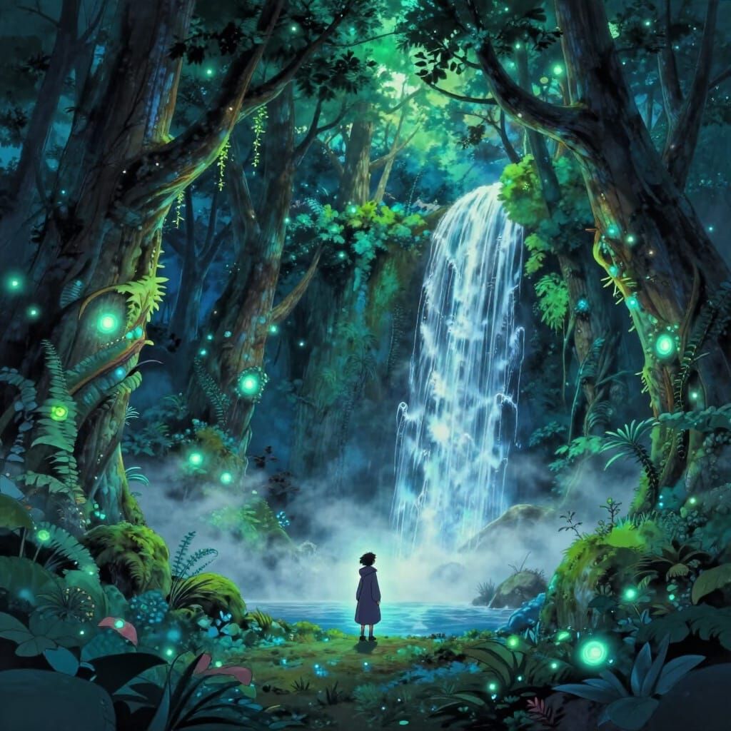 Bioluminescent Forest Twilight Scene with Waterfall and Figu...