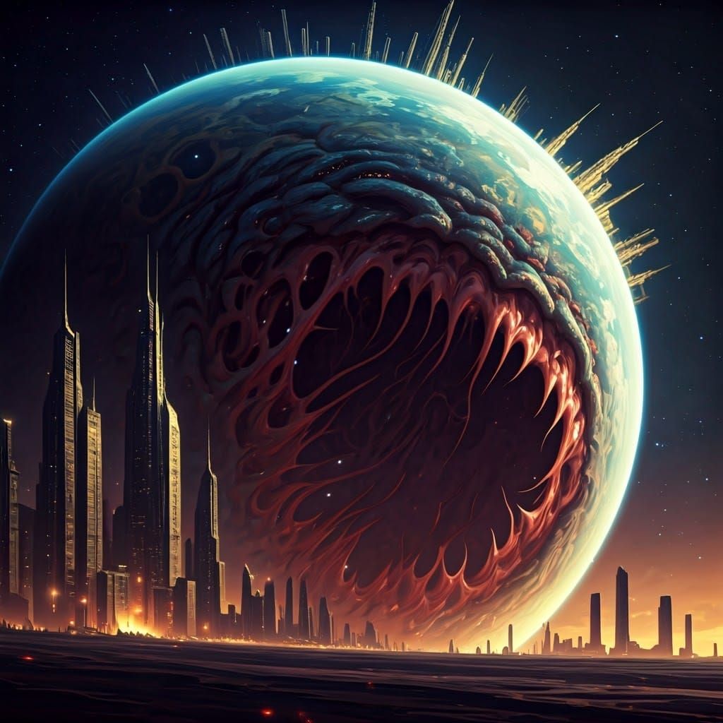 Planet with Colossal Mouth and Thriving Cities
