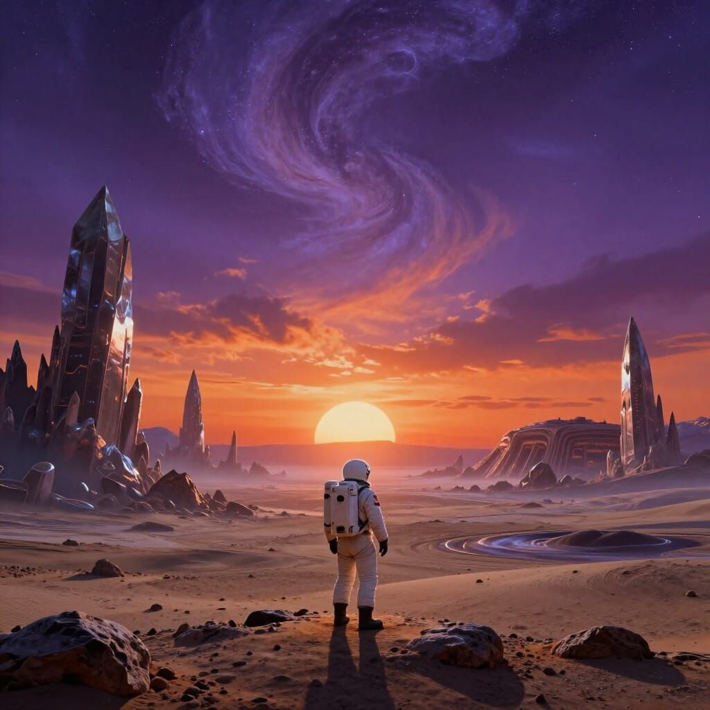 Astronaut on Alien Planet with Binary Sunset