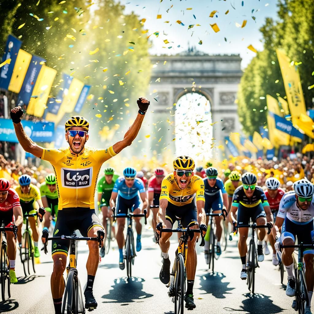 Cyclist clad in the iconic yellow jersey crossing the finish...
