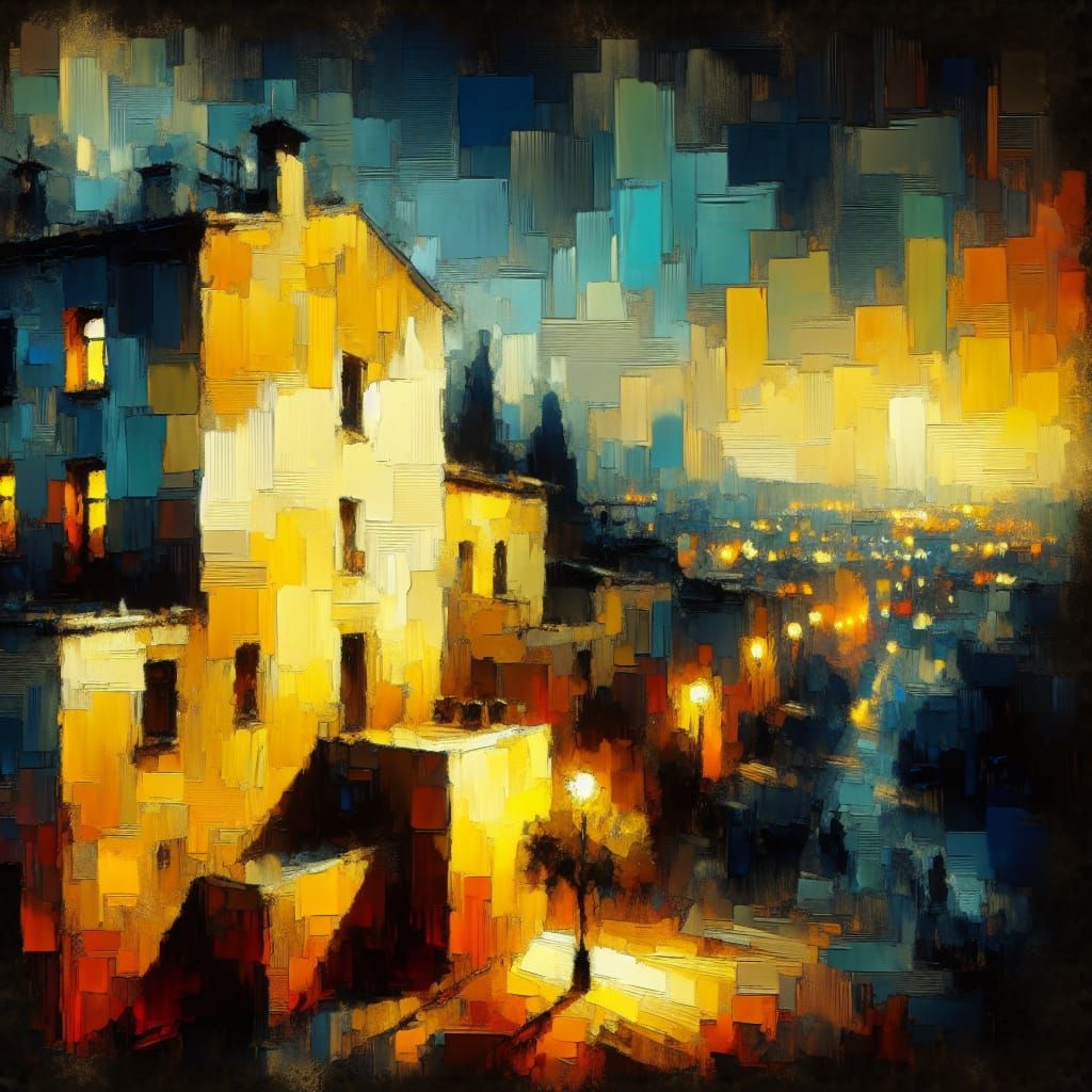 Illuminated Yellow Wall in Urban Landscape, Expressionist Im...