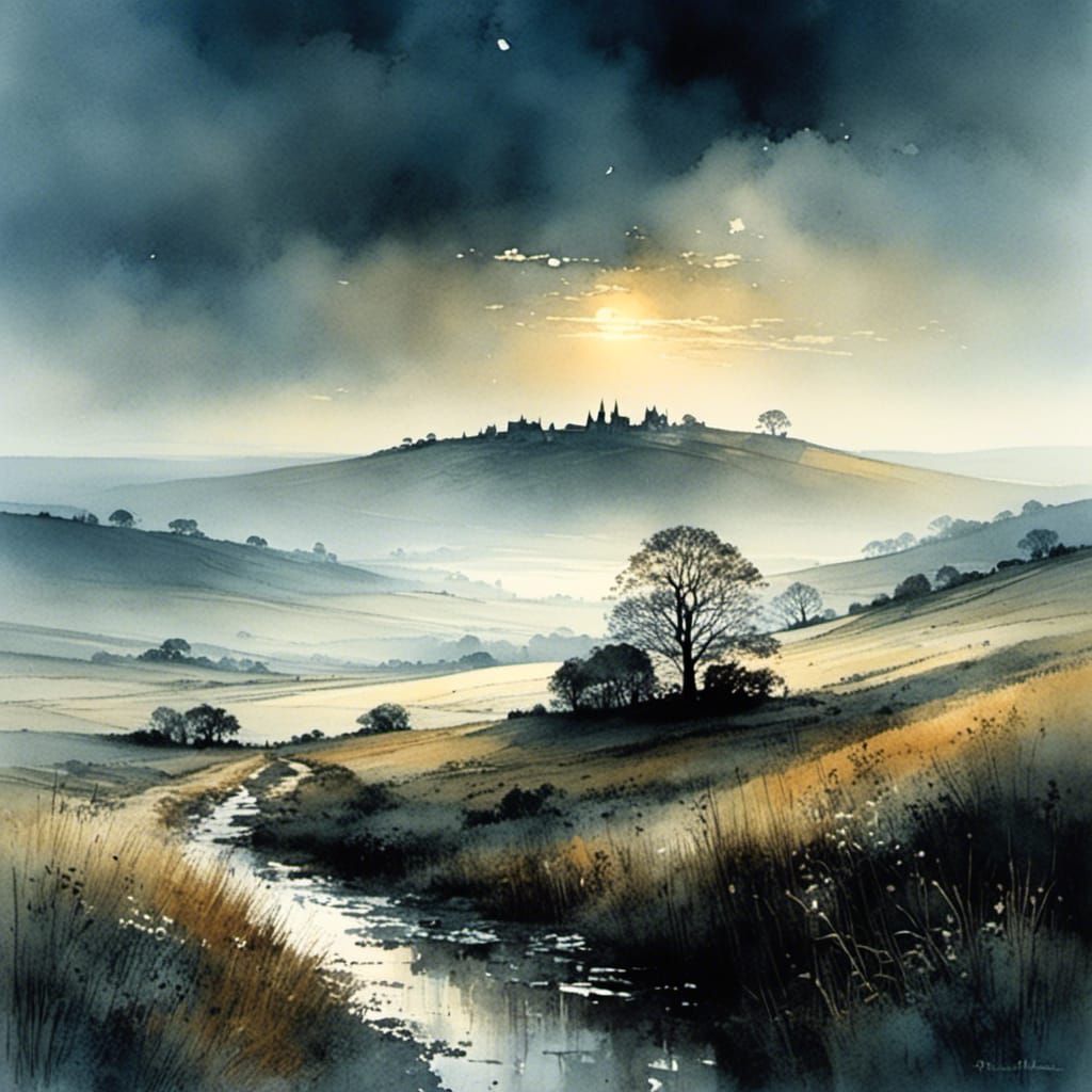 Misty Moor Landscape Painting with Intricate Details
