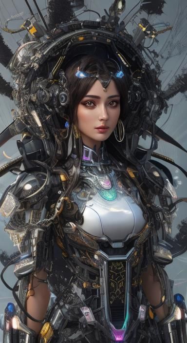Hyperrealistic Fembot Portrait with Glass Dress and Jewelry