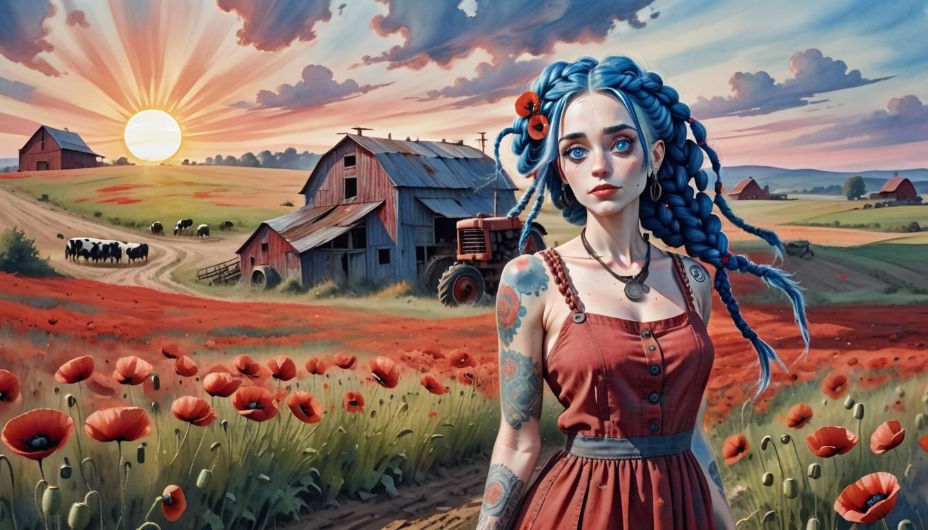 Colorful Poppy Field at Sunset in Watercolor Style