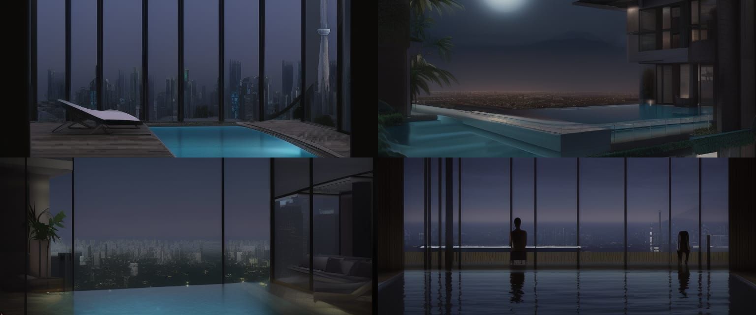 Japanese Skyscraper Balcony Pool at Night