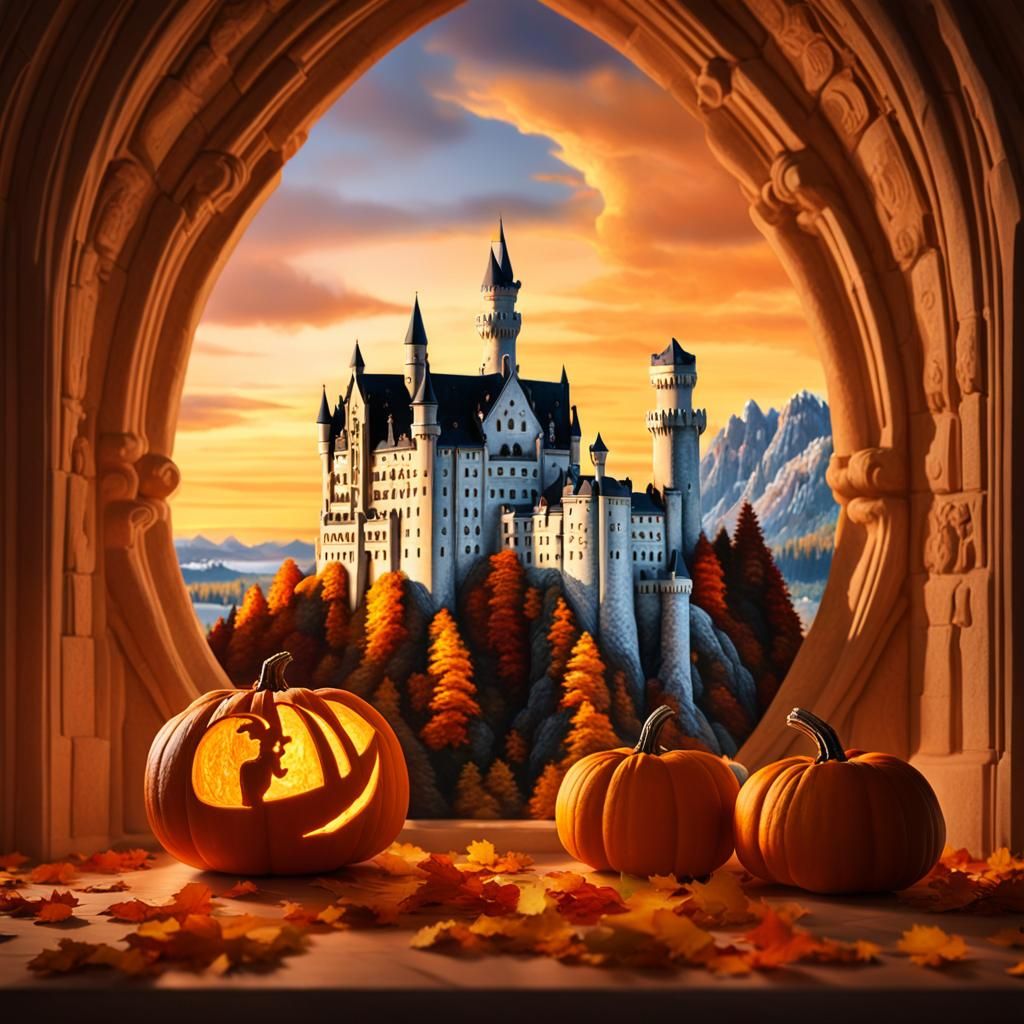 Neuschwanstein Castle Carved on Lit Pumpkin