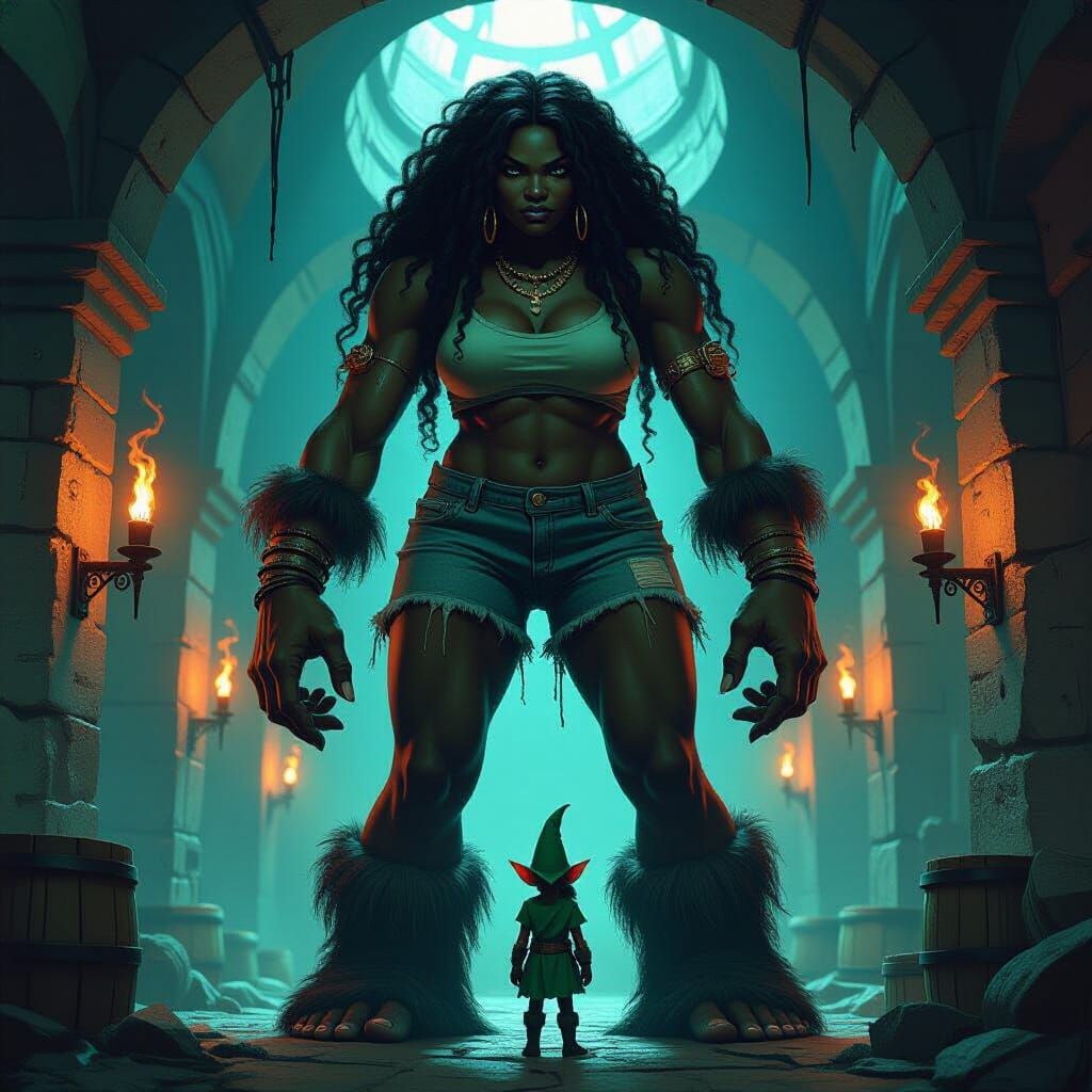 Giant Ebony Woman Holds Grumpy Elf in Dungeon