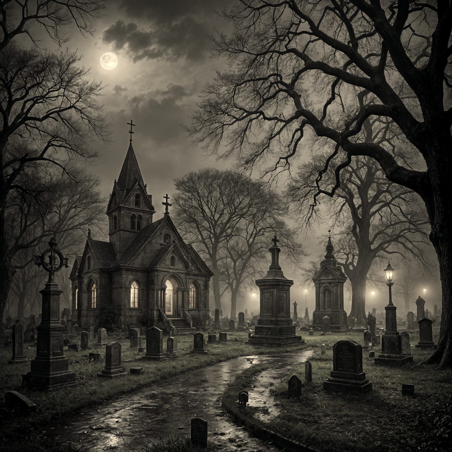 Ruined Victorian Manor in Graveyard Photograph