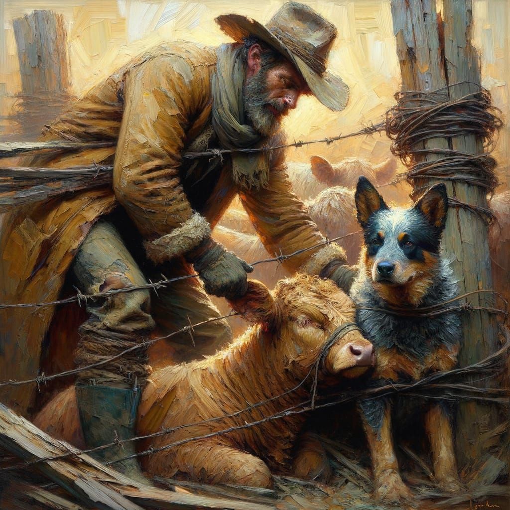 Farmer's Compassion: Impasto Oil Painting of Calf Rescue