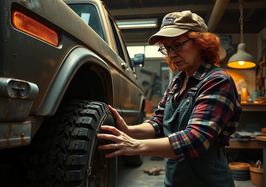 Woman Attaching Chains to Truck as Oil Painting