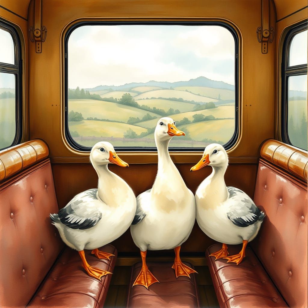 Vintage Whimsical Train Scene with Quacking Ducks