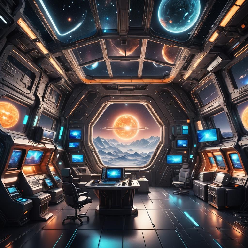 Futuristic Cabin with Interstellar View in Mixed Media Style