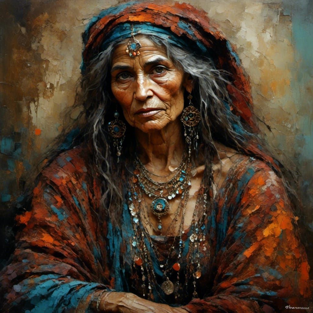 <lora:Filigree Oils:1.0> Gypsy woman, old wise