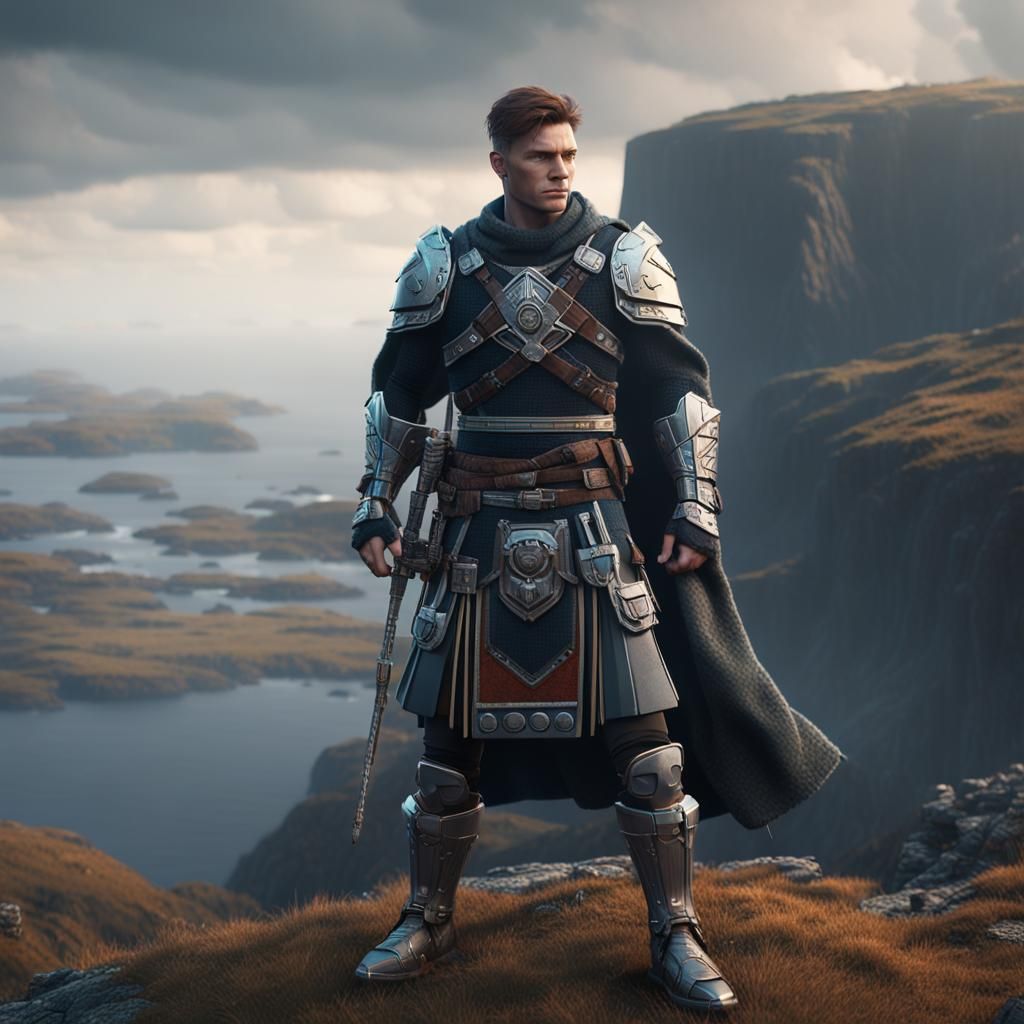 Scottish Warrior on Cliff: Cinematic Sci-Fi Rendering