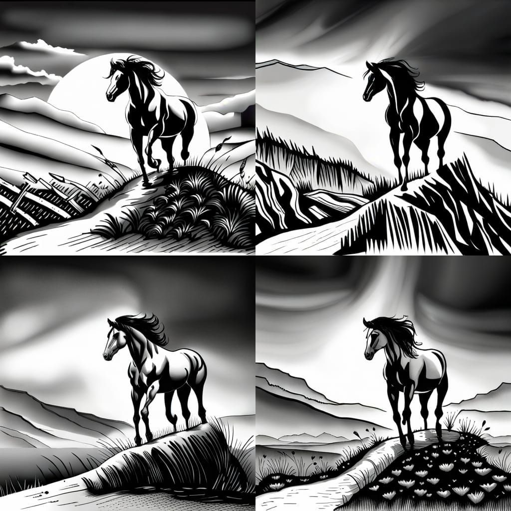 Pale Wild Horse Ink Outline on Hill