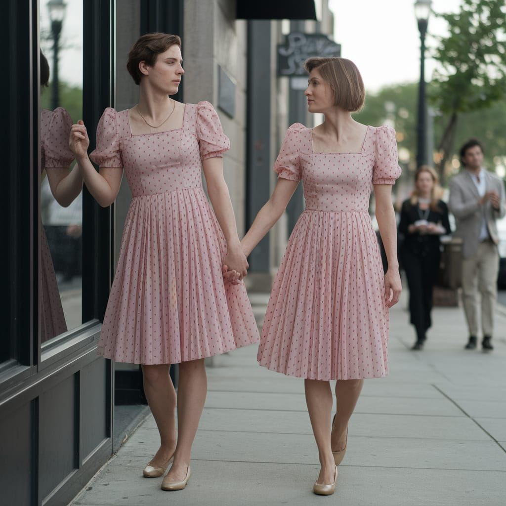 Man in Frilly Dress Downtown with Woman