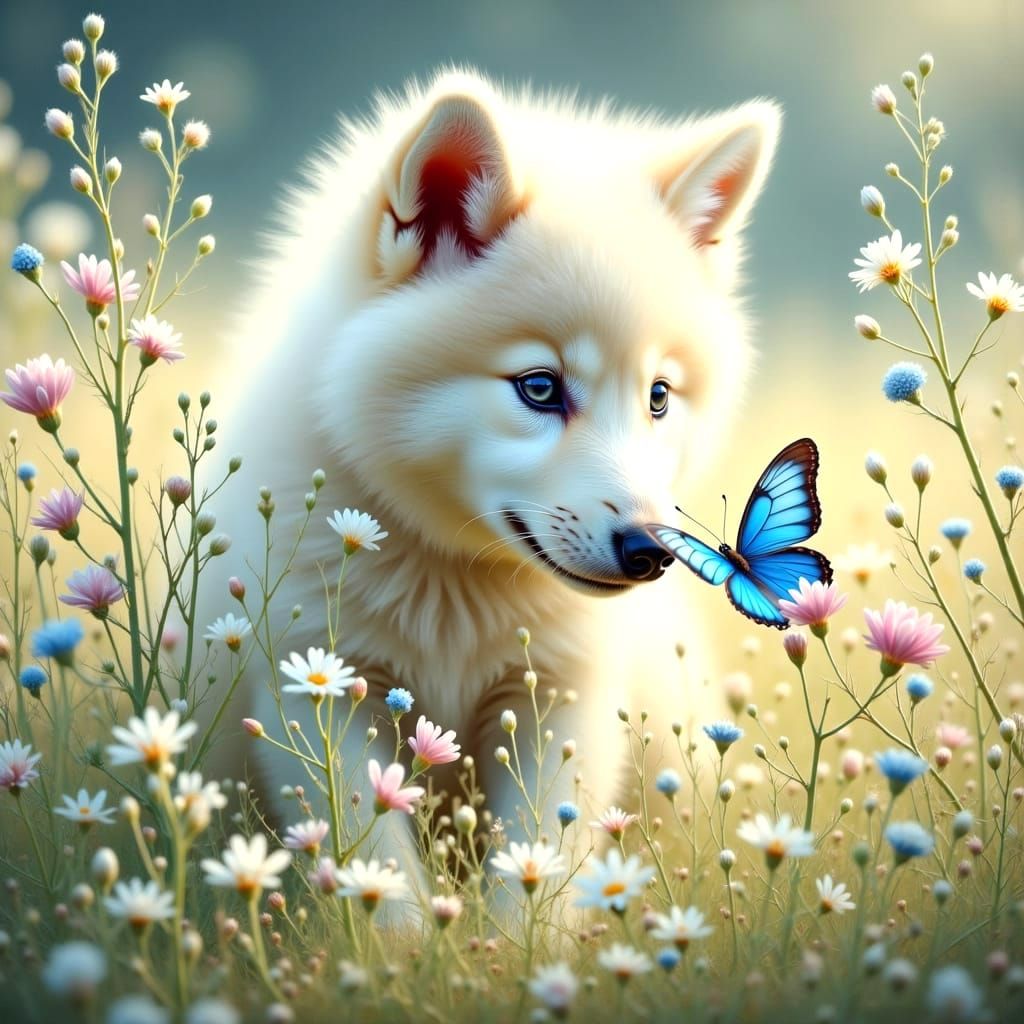 White Wolf Pup Explores Spring Wildflower Meadow