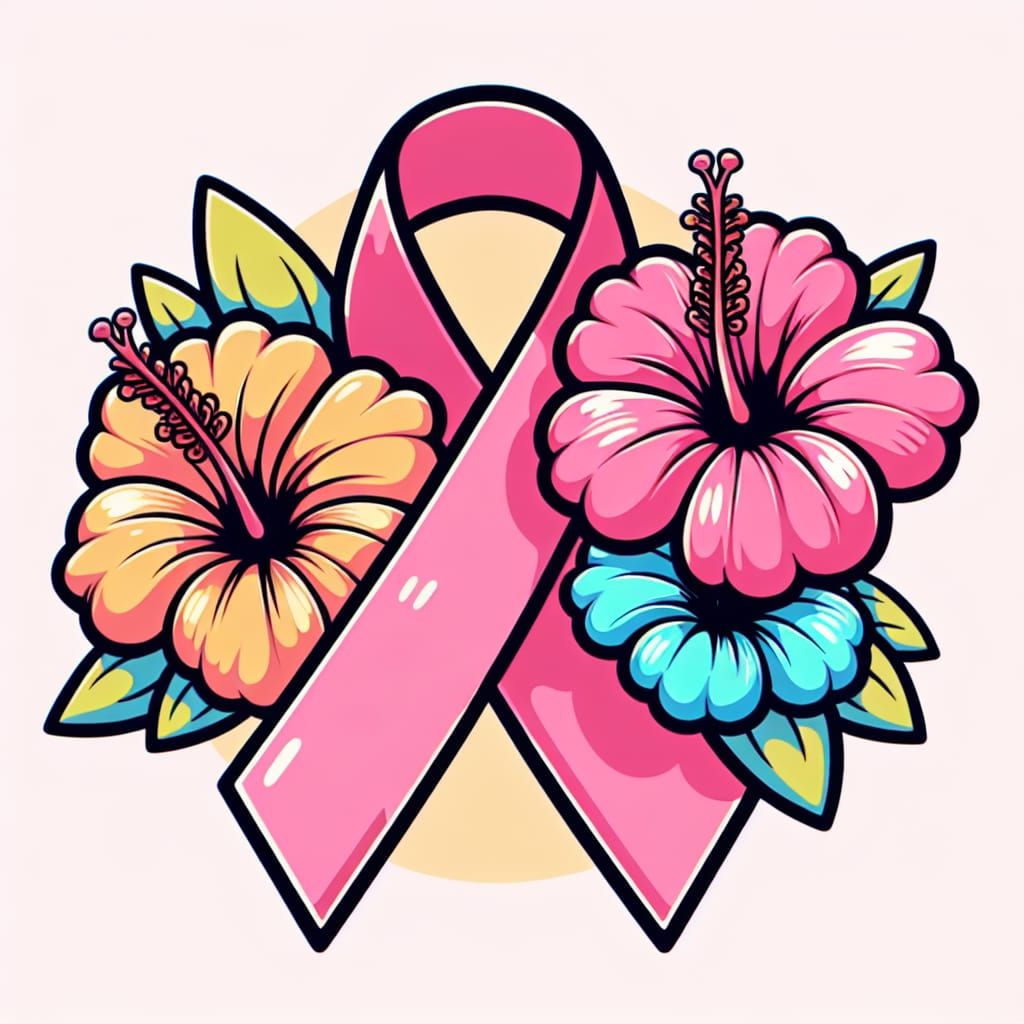 Cancer Awareness Ribbon with Hibiscus in Manga Style