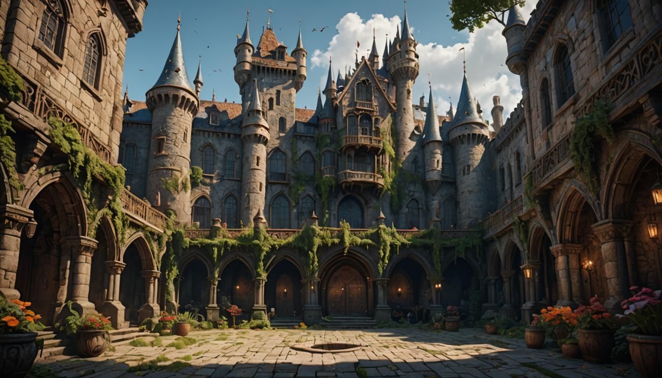 Fantastical Castle Courtyard Concept Art