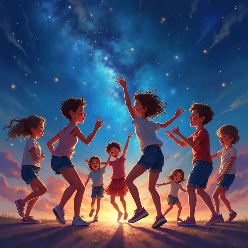 Children Dancing Under Vibrant Starry Night Sky