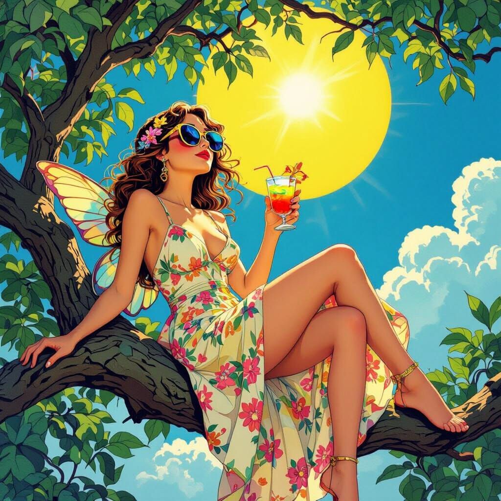 Fairy Sunbathing with Cocktail in Art Nouveau Style