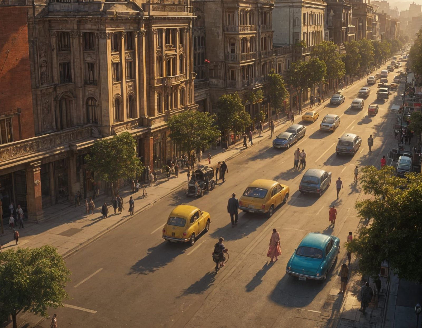 Cityscape with Art Deco and Pointillism Elements