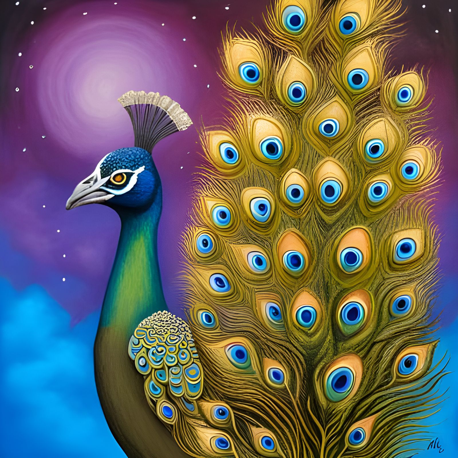 Peacock in Park with Rainbows, Watercolor and Ink