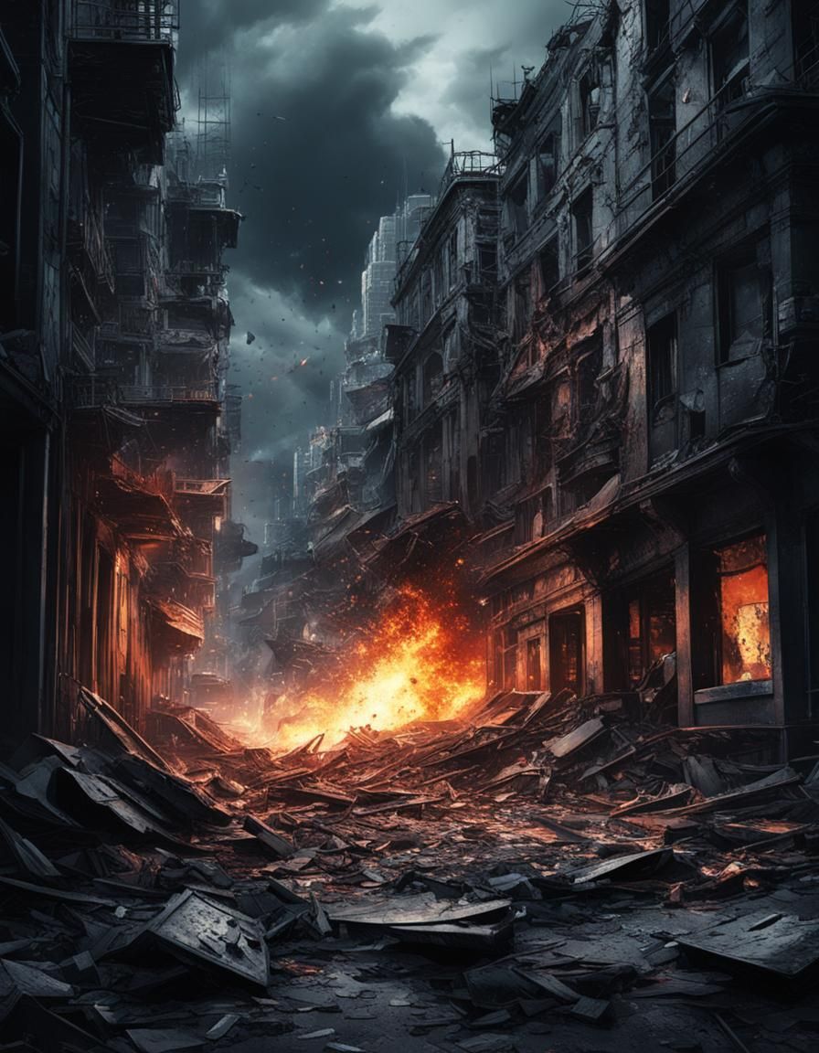 Blast Wave Hits Building in Noir Comic Style