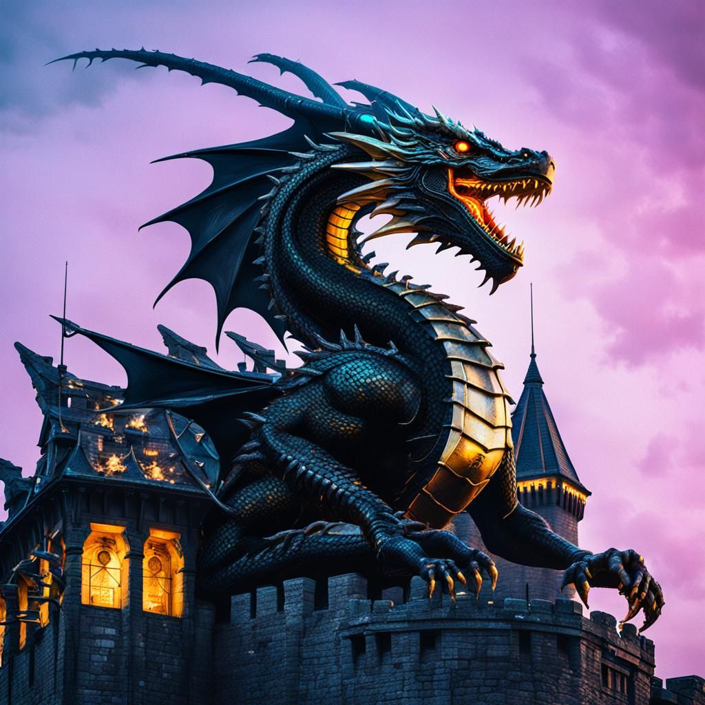 Cyberpunk Dragon on Castle Tower with Gold Details
