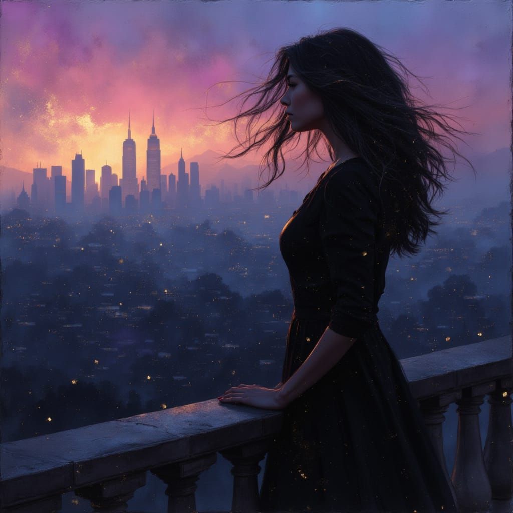 Woman on Balcony at Twilight Over City Skyline
