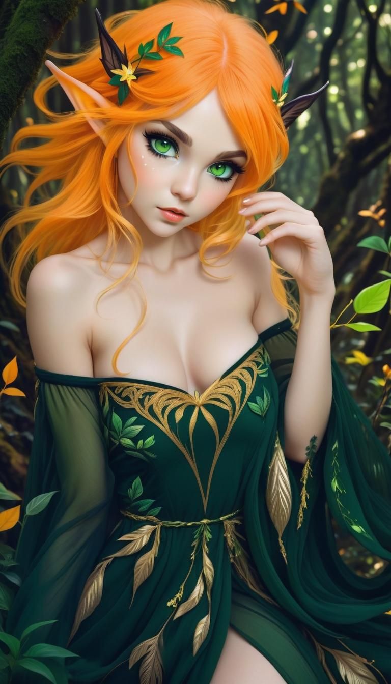 Eerie Forest Elf in Lush Flora, Ink Art
