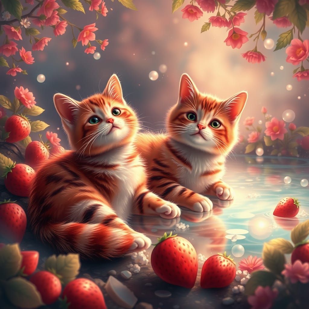 Whimsical Felines in a Luminous Fantasy Landscape