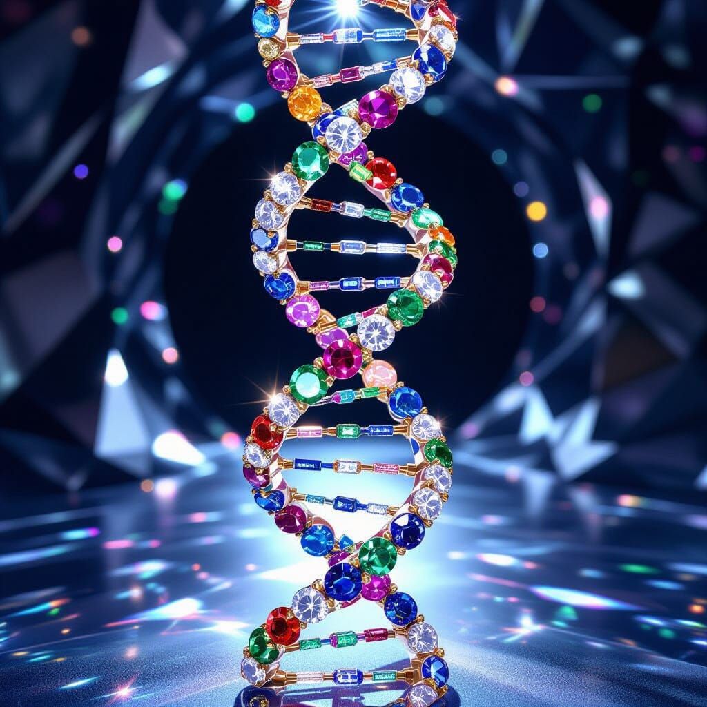 Gemstone DNA Helix Model in Dramatic Lighting