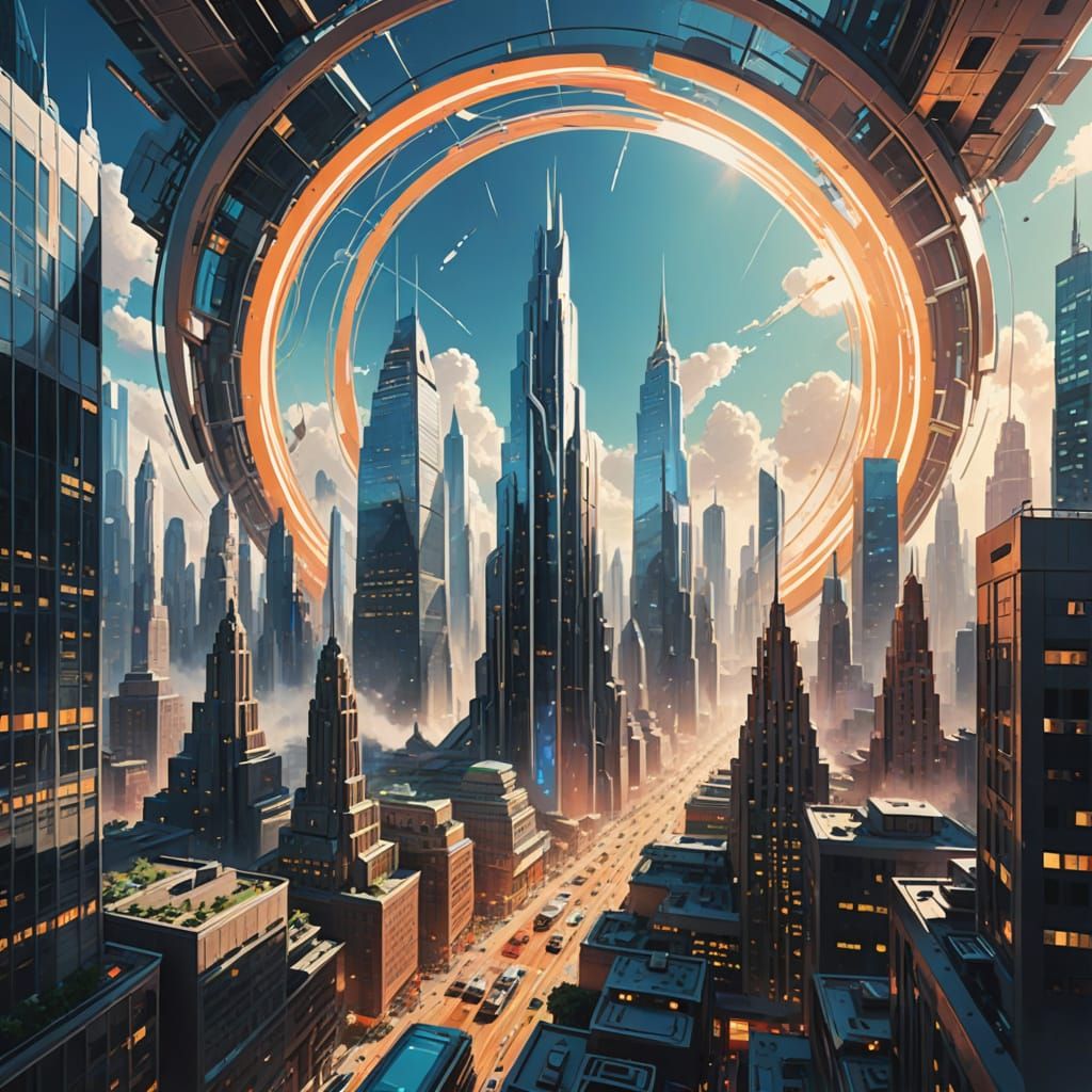 Ethereal Portal Over Retro-Futuristic Metropolis