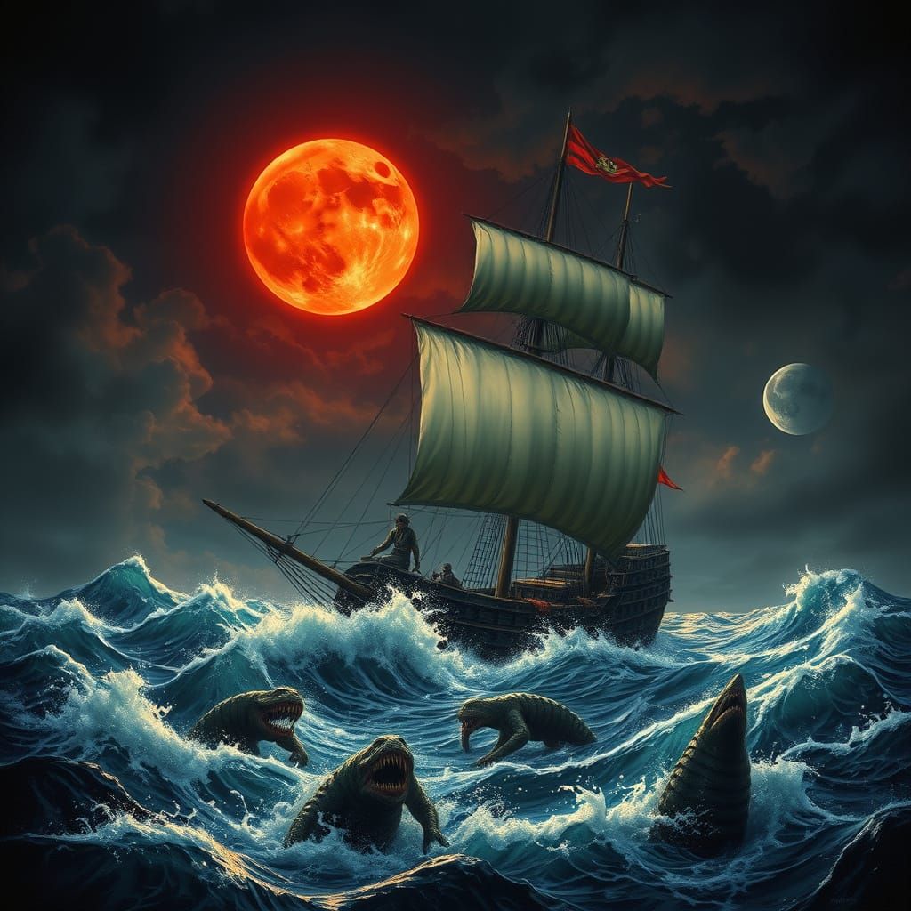 Fantasy Ship Sailing Under Red Moon, Detailed Digital Art